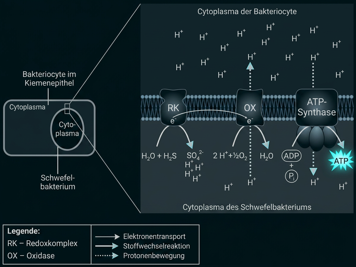 Schematische Darstellung der Schwefeloxidation und ATP-Synthese in einem Schwefelbakterium.